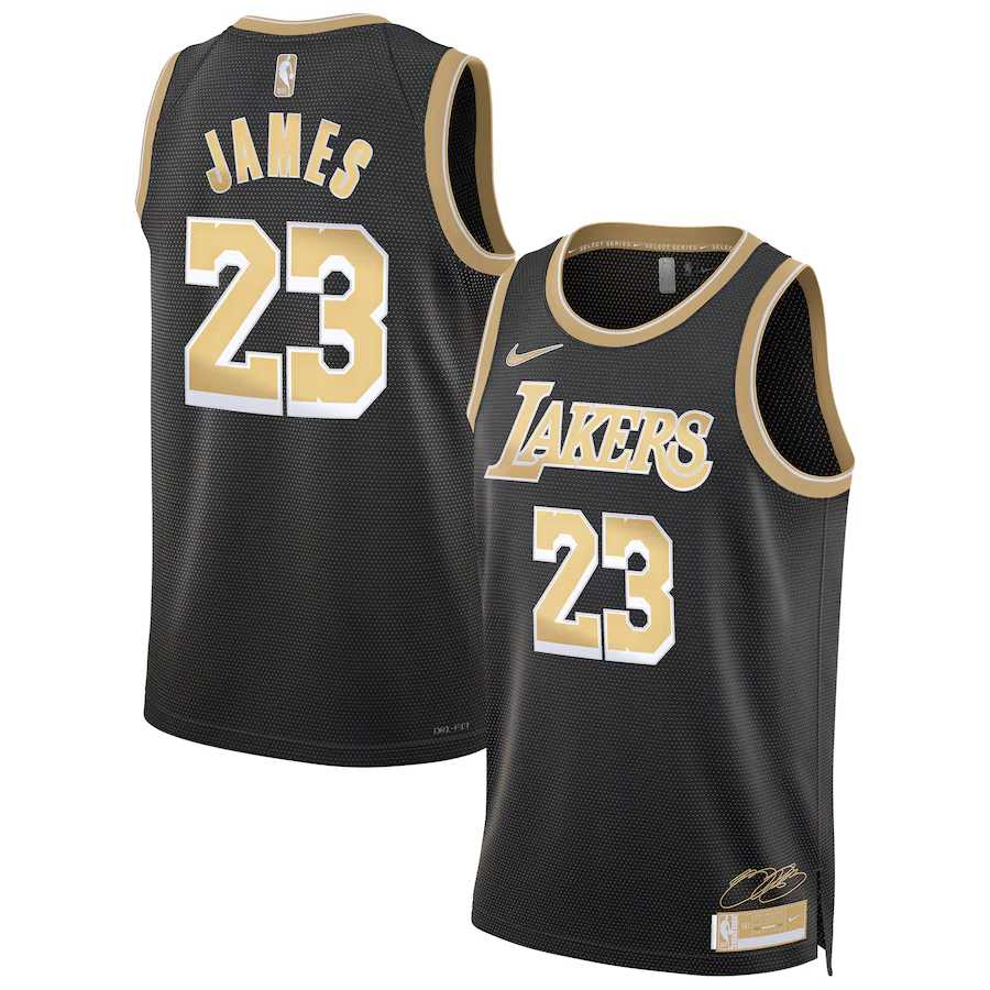 Mens Los Angeles Lakers #23 LeBron James Black Gold 2024 Select Series Stitched Jersey Dzhi